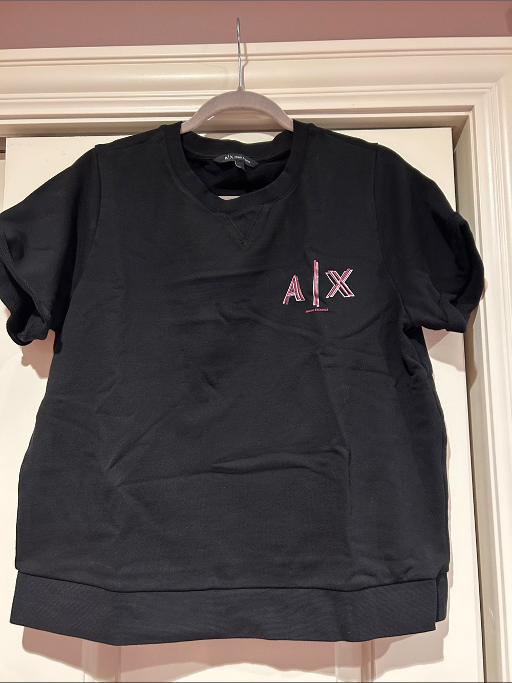 A/X Armani Exchange Kids Black Short-Sleeve Sweatshirt with Pink Logo